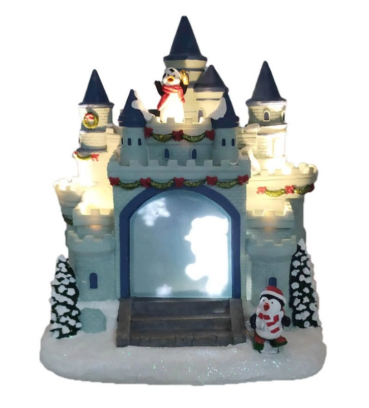 LED Χριστουγεννιάτικο κάστρο πιγκουίνων με πιγκουίνο που τρέχει γύρω από το κάστρο
