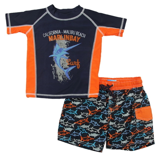 Navy & Orange Fish Rash Guard & Swim Short