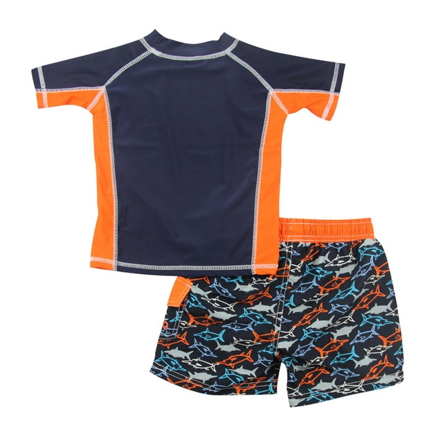 Navy & Orange Fish Rash Guard & Swim Short