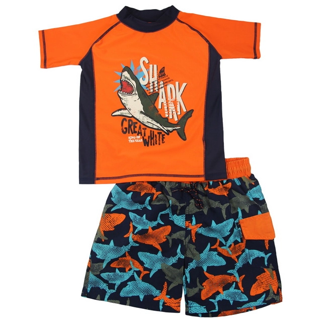 Orange and Navy Shark Rash Guard & Swim Brief