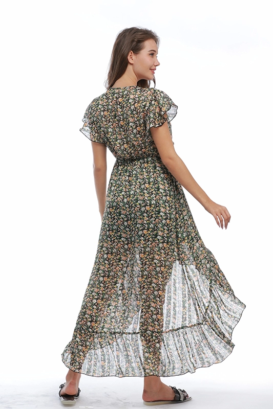 Προσαρμοσμένα καλοκαιρινά Ruched Casual Γυναικεία Floral σιφόν φορέματα με λαιμόκοψη V