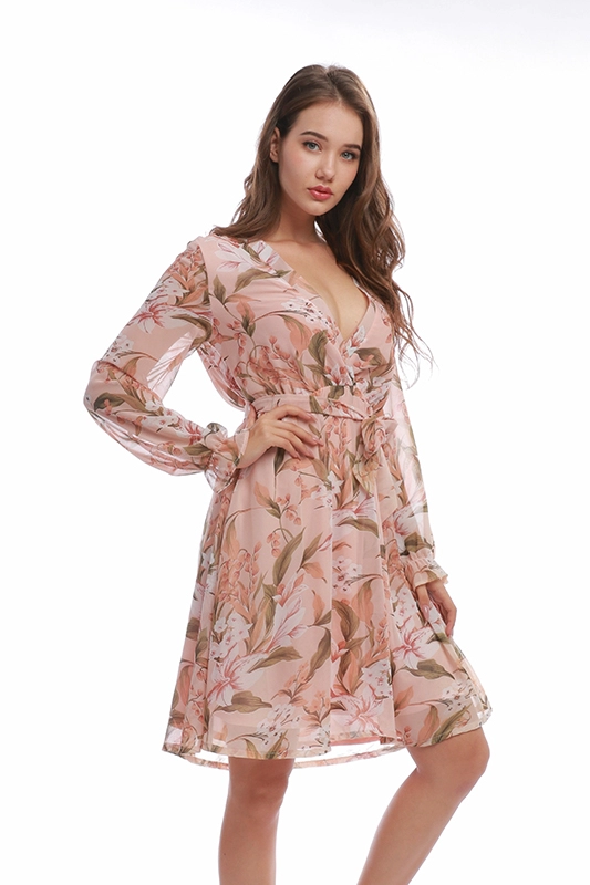 Floral Γυναικεία Φορέματα από ύφασμα σιφόν με ροζ V λαιμόκοψη