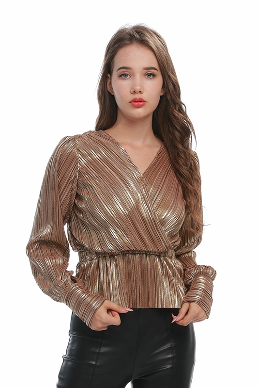 OEM Factory Glitter V λαιμόκοψη Πλισέ ύφασμα ελαστική μέση Καλοκαιρινή κομψή μακρυμάνικη γυναικεία μπλούζα