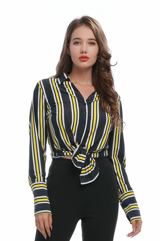 Φθινοπωρινό πολυαμίδιο Spandex Γυναικείο μακρυμάνικο ριγέ γυναικείο πουκάμισο Casual γυναικεία μπλούζα