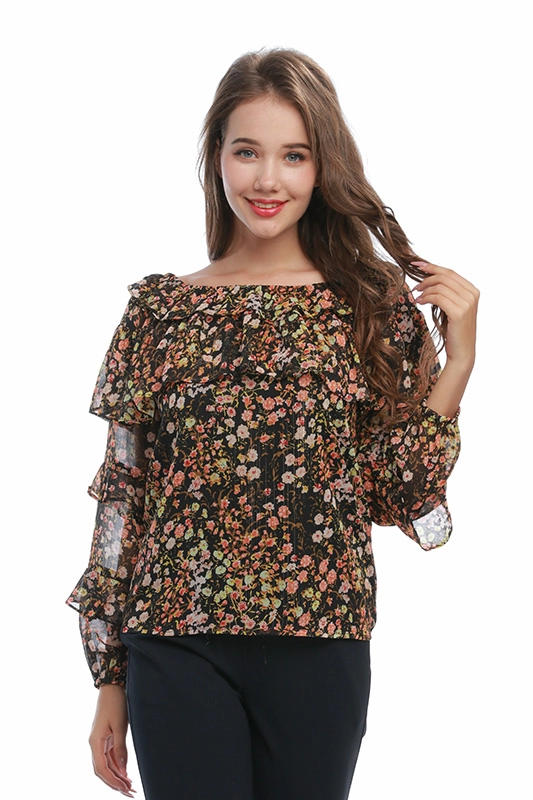 Γυναικεία μπλούζα με λουλουδάτο βολάν, γυναικεία μπλούζα από σιφόν