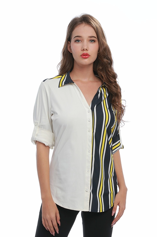 Γυναικείο ριγέ μακρυμάνικο έγχρωμο κουμπί πουκάμισο μπλούζα με λαιμό V λαιμόκοψη πλεκτό γυναικείο πουκάμισο