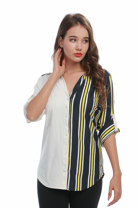 Γυναικείο ριγέ μακρυμάνικο έγχρωμο κουμπί πουκάμισο μπλούζα με λαιμό V λαιμόκοψη πλεκτό γυναικείο πουκάμισο