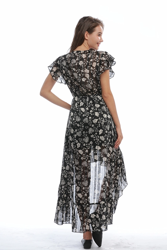 Σιφόν βολάν μανίκι ελαστική μέση V λαιμόκοψη Καλοκαιρινό μίντι φόρεμα Γυναικεία casual Floral φορέματα