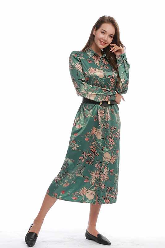 Γυναικείο κομψό vintage φλοράλ σατέν μακρυμάνικο πουκάμισο πουκάμισο με ζώνη