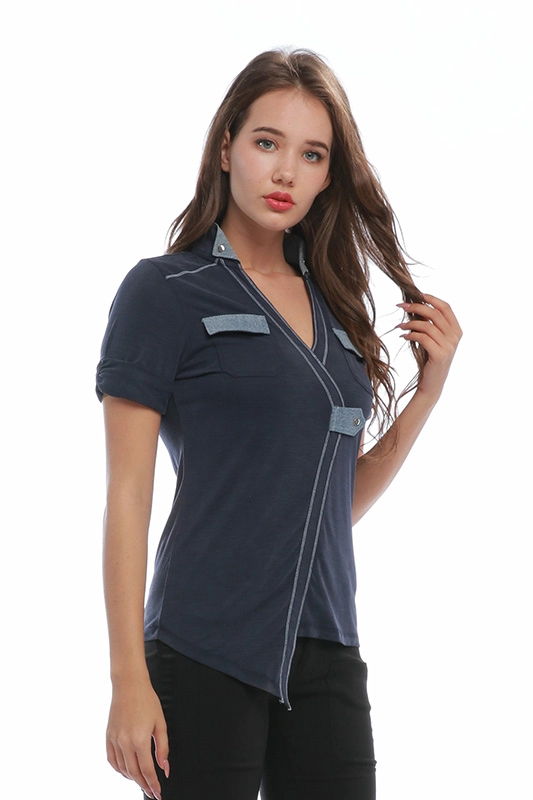 Κατασκευαστής Κίνας Casual Slim 100% βαμβακερό κοντό μανίκι V-λαιμόκοψη ασύμμετρα γυναικεία μπλουζάκια POLO