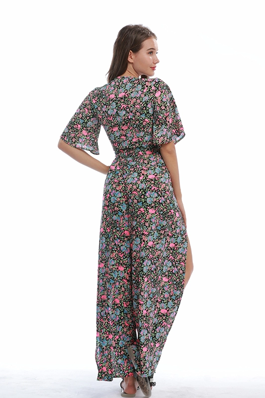 OEM Factory Custom Summer Casual Floral τυπωμένο σιφόν καλοκαιρινά γυναικεία ρούχα Crop Top Slit Παντελόνι δύο τεμαχίων