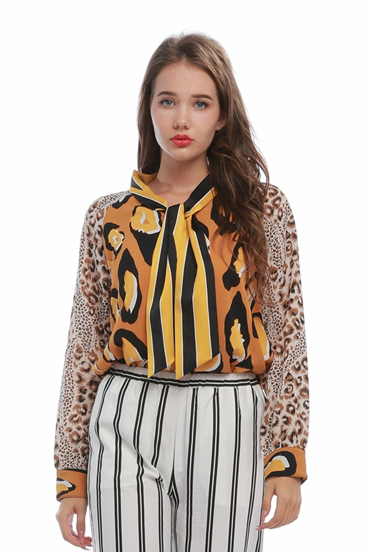 China Factory Price Γυναικείο πουκάμισο μπλούζας Bohemian Leopard Printed Sleeve